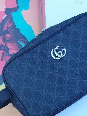 Gucci Monogram Gray Silver Cosmetic Pouch Bag Unisex Casual everyday Travel Bag